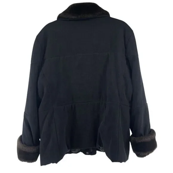 Jones New York Black Modacrylic Velvety Winter Coat XL Faux Fur Trim Full Zip - Picture 2 of 16